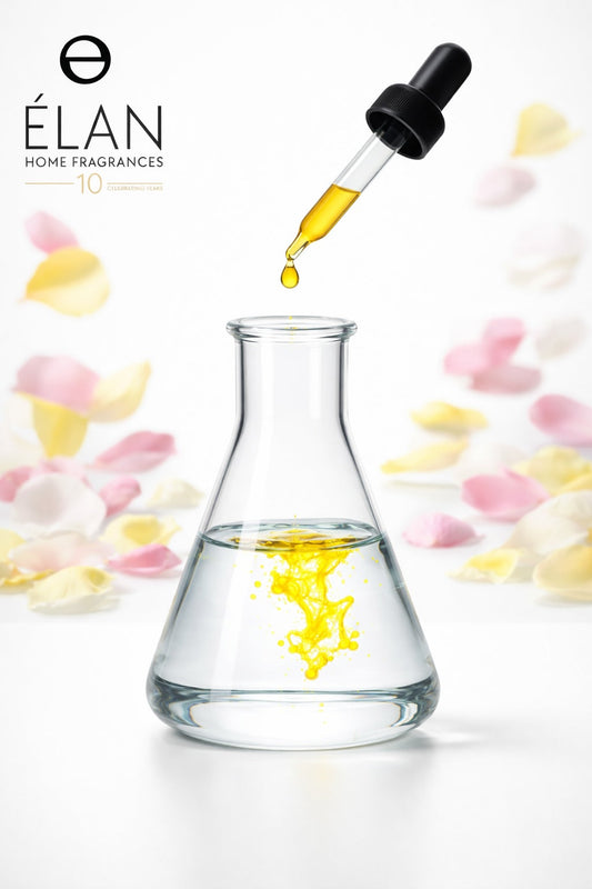 Laboratory flask with liquid dropper and background of pink and yellow petals