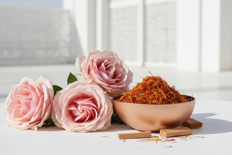 TURKISH ROSES SAFFRON AND SANDALWOOD ON WHITE BACKGROUND BYZANTINE FRAGRANCE