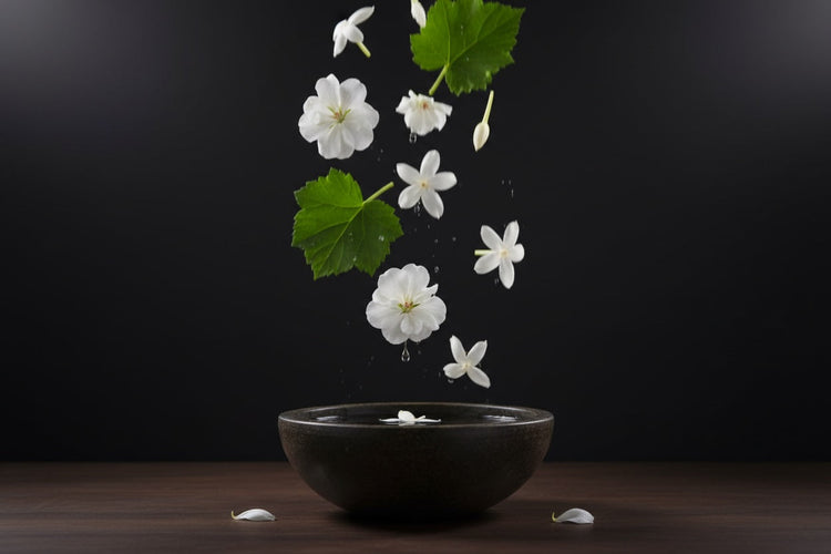 BOWL WITH JASMINE AND PATCHOULI FLOWERS DROPPING INTO IT RELAX FRAGRANCE