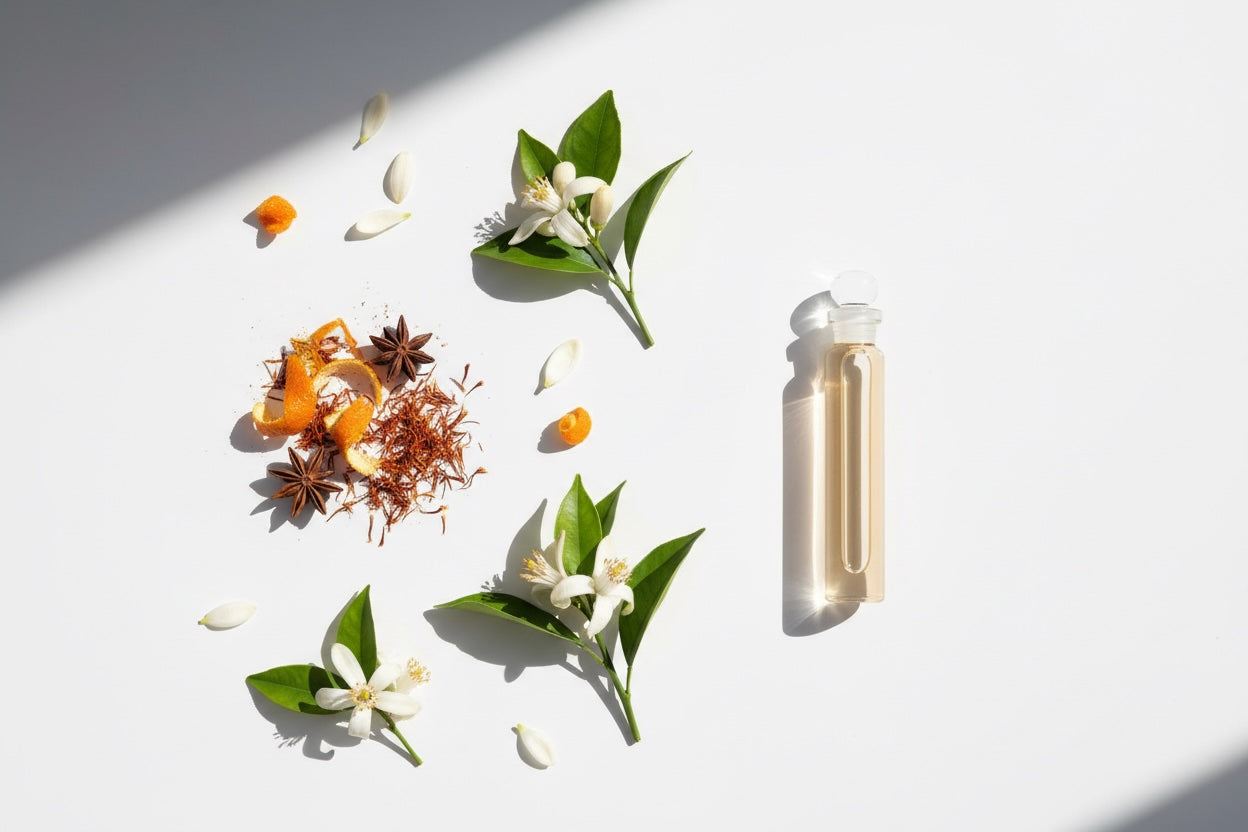 SAFFRON ORANGE BLOSSOM AND SPICES WITH A SMALL VIAL OF MANDARIN ESSENCE SUNRISE FRAGRANCE