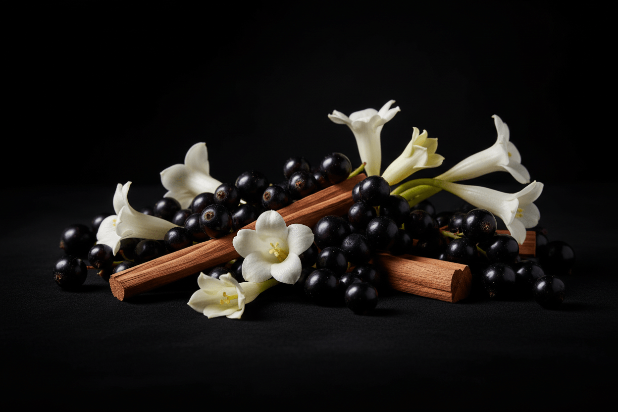 PILE OF TUBEROSE BLACKCURRANTS AND CINNAMON STICKS ON BLACK BACKGROUND AFTER DARK FRAGRANCE