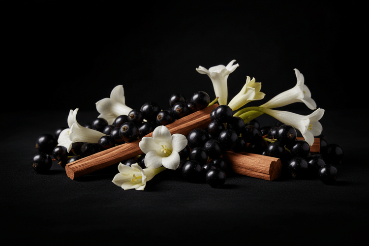 PILE OF TUBEROSE BLACKCURRANTS AND CINNAMON STICKS ON BLACK BACKGROUND AFTER DARK FRAGRANCE