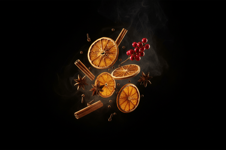 CINNAMON CLOVE DRIED ORANGES WITH BLACK BACKGROUND NORDIC SPA FRAGRANCE