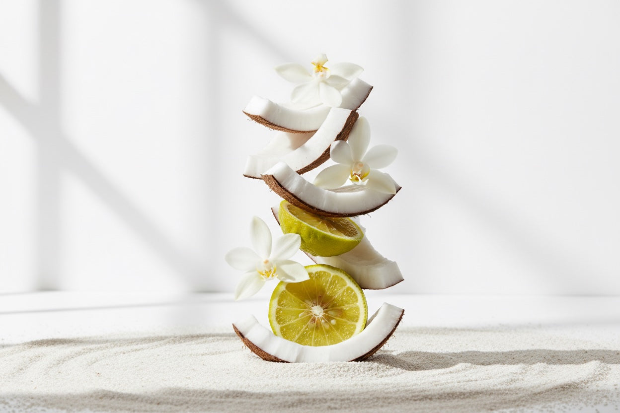 PILE OF COCONUT VANILLA AND BERGAMOT ON WHITE BACKGROUND ESCAPE FRAGRANCE