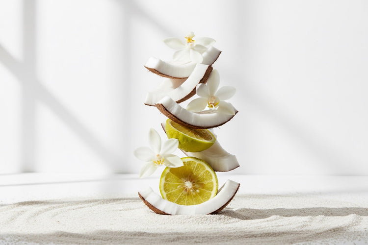 PILE OF COCONUT VANILLA AND BERGAMOT ON WHITE BACKGROUND ESCAPE FRAGRANCE