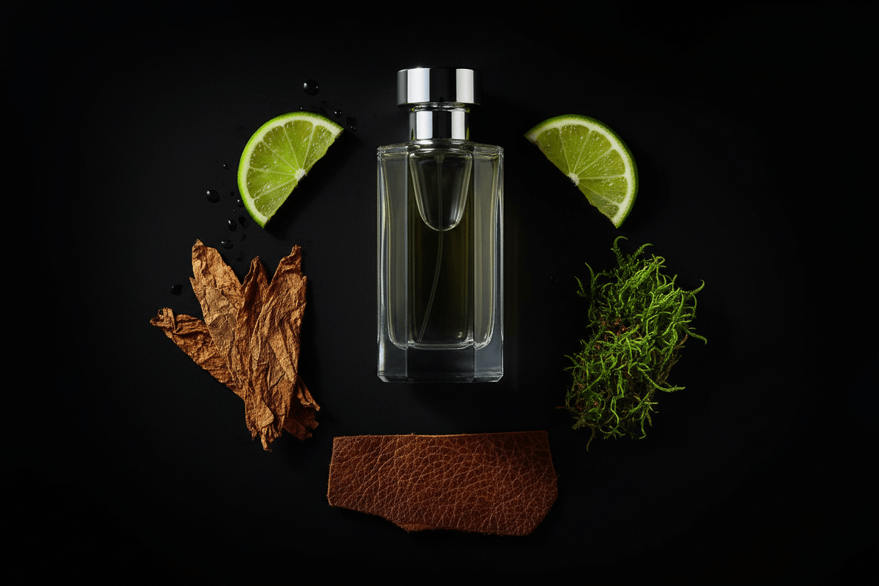 COLOGNE BOTTLE TOBACCO LEAF OAK MOSS AND LIME ON A BLACK BACKGROUND SYLVAN FRAGRACE