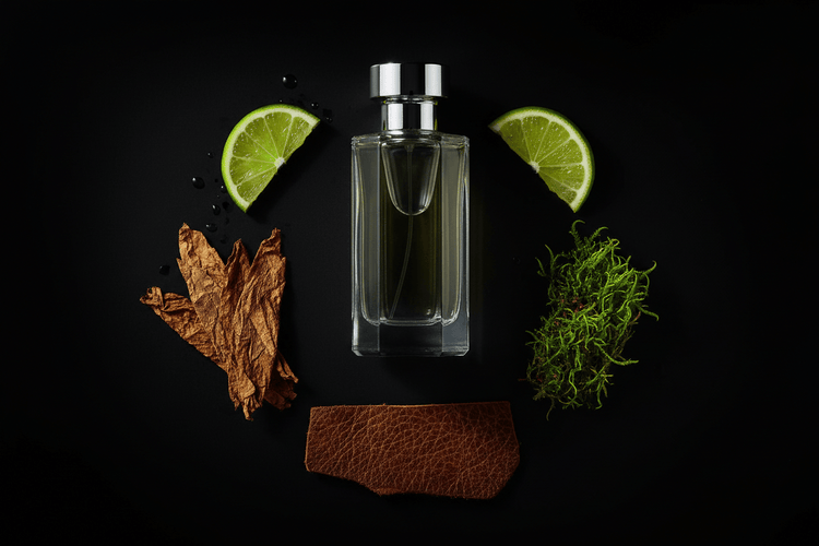 COLOGNE BOTTLE TOBACCO LEAF OAK MOSS AND LIME ON A BLACK BACKGROUND SYLVAN FRAGRACE
