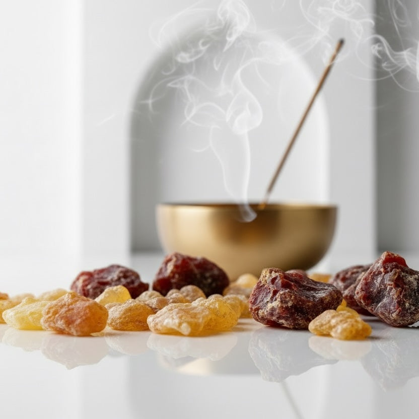 incense stick and bowl with crystals of frankincense and myrrh highlights the fragrance notes of the ELAN candle