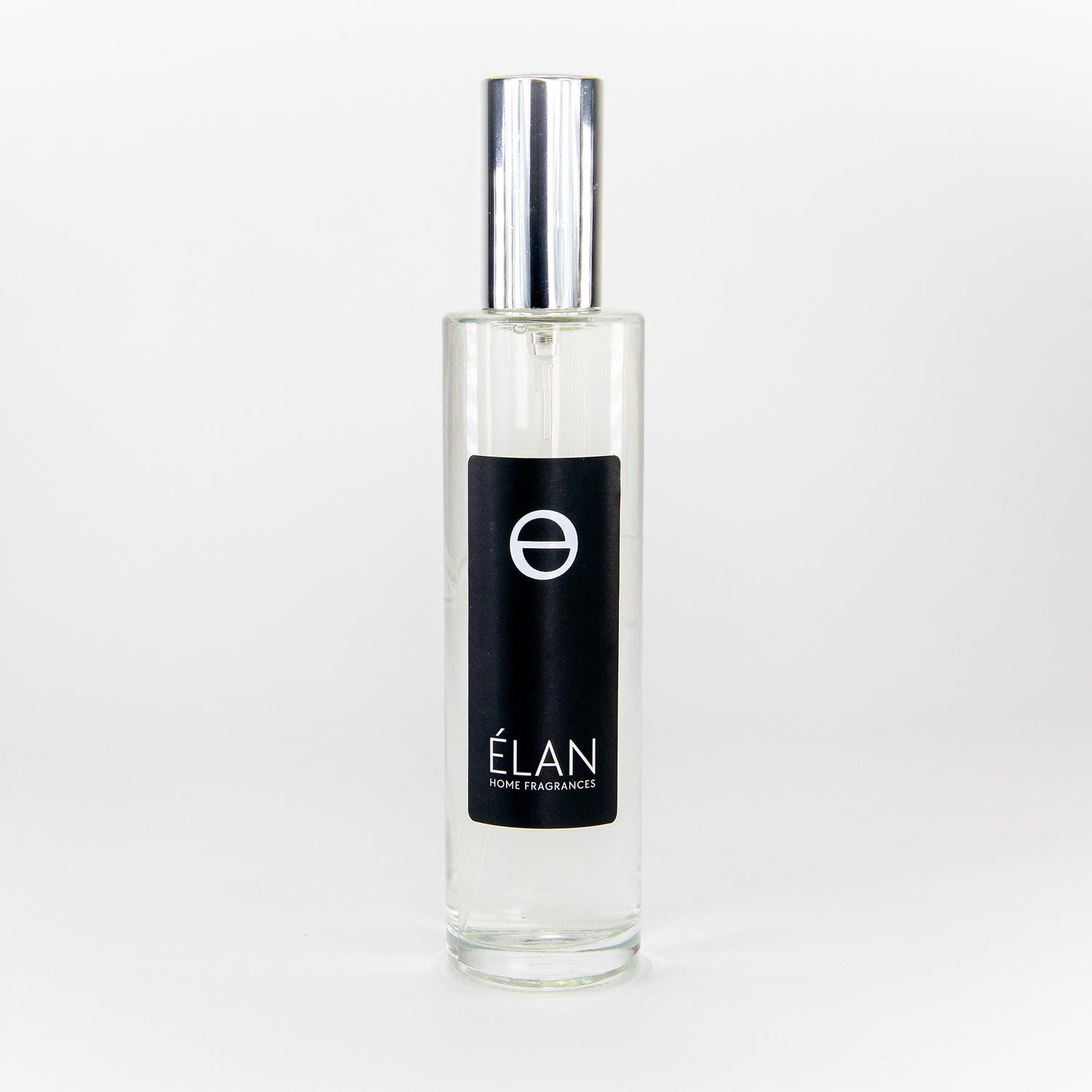 A clear glass bottle with a silver cap and a black label with white text, displaying the brand name 'ELAN' on the front.