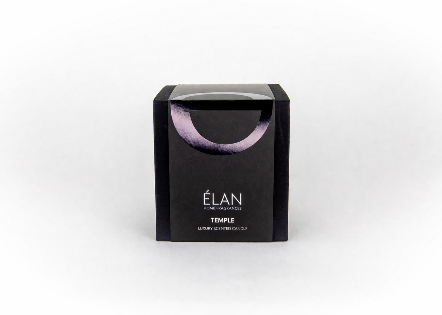 a black candle packaging box with ELAN Temple candle written on it